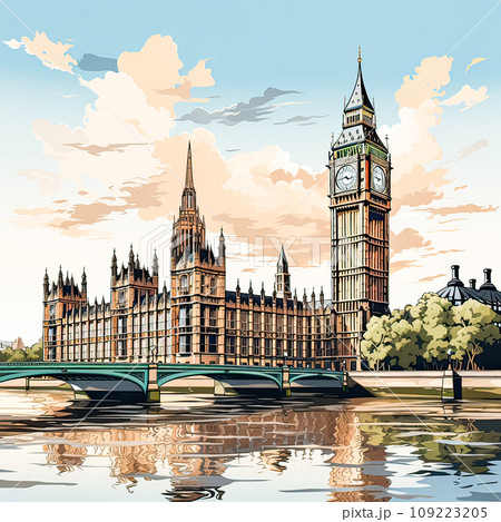 Sunsets embrace in watercolor Big Ben stands tall Sunsets embrace in watercolor Big Ben stands tall 109223205