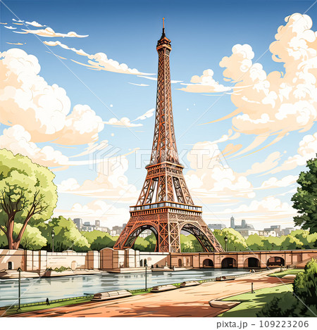 Enchanting watercolor vista Elven tower bathed in sunset hues a magical scene 109223206