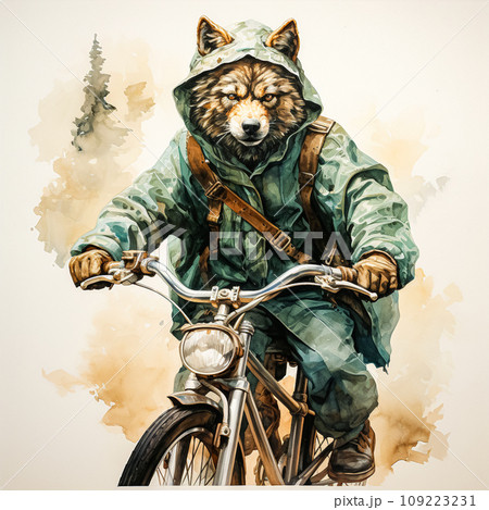 Watercolor adventure unfolds A wolf on a motorcycle 109223231