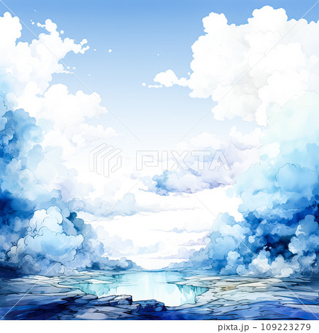 Serene watercolor landscape in soothing blues 109223279