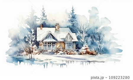 A cozy house nestled in a snowy forest 109223280
