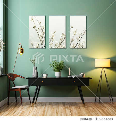Design dreams unfold in watercolor a chic apartment with modular paintings mockup 109223284