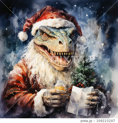 a watercolor masterpiece features a dinosaur dressed as Santa 109223287