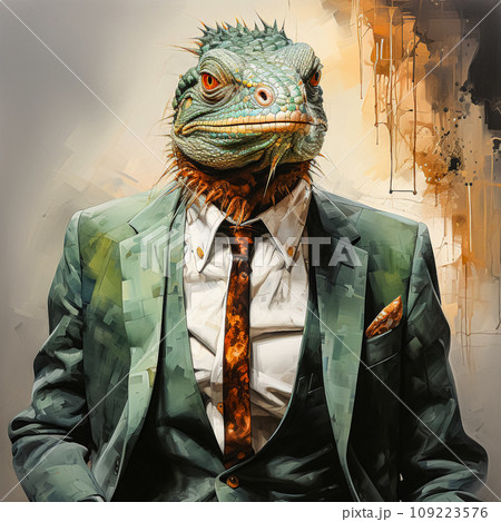 watercolor illustration of a lizard in a business suit, a unique and captivating image 109223576