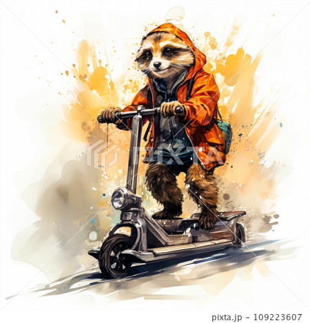 A watercolor image of a skateboard loving meerkat with a hipster flair A watercolor image of a skateboard loving meerkat with a hipster flair 109223607