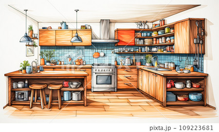 Watercolor art portrays a tastefully designed kitchen, a harmonious fusion of art and design 109223681