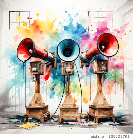 A striking watercolor sketch of a bold megaphone 109223701