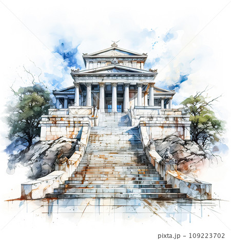 Watercolor sketch captures the majesty of a Greek style temple, an artistic treasure 109223702