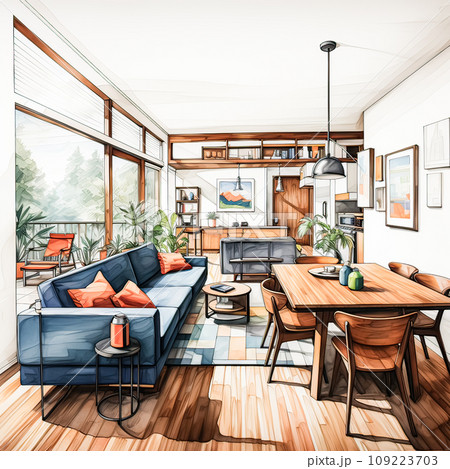 A serene living room and dining area, beautifully sketched, capturing interior elegance and comfort 109223703