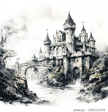 Watercolor artwork showcasing a castle nestled in nature, creating a captivating landscape 109223705