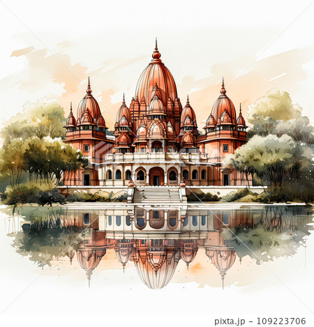 A watercolor sketch unites a traditional Indian style temple with the serenity of the outdoors 109223706