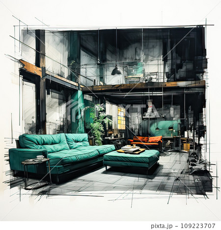 A watercolor portrayal of a loft style interior, blending creativity with contemporary design 109223707