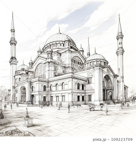 Watercolor artwork showcases an ancient Turkish style temple 109223709