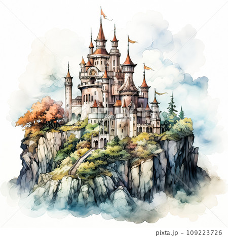Watercolor art portrays a regal citadel harmoniously integrated into the natural landscape 109223726