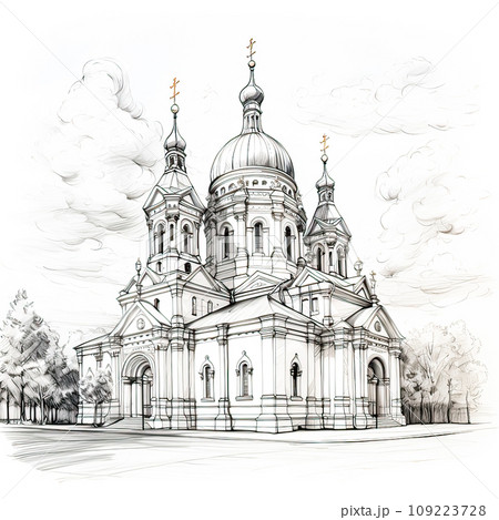 Watercolor sketch of an Orthodox Church, capturing architectural grace 109223728