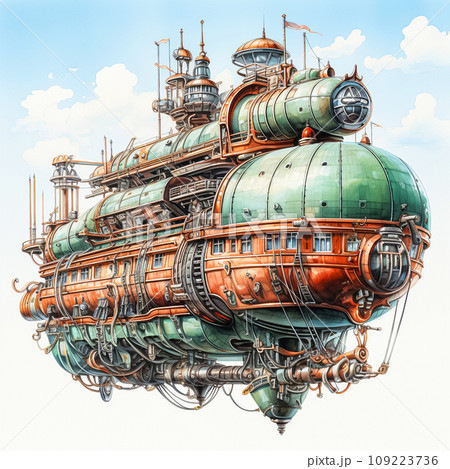 Aquatic depiction of an airship flying amid serene watercolor clouds Aquatic depiction of an airship flying amid serene watercolor clouds 109223736