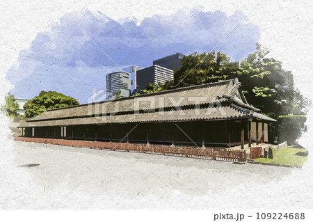 水彩画風　東京北の丸公園　江戸城　百人番所　東京都千代田区 109224688