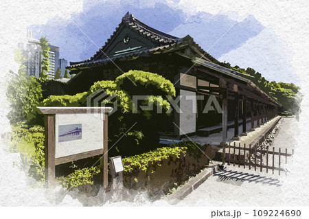 水彩画風　東京北の丸公園　江戸城　百人番所　東京都千代田区 109224690