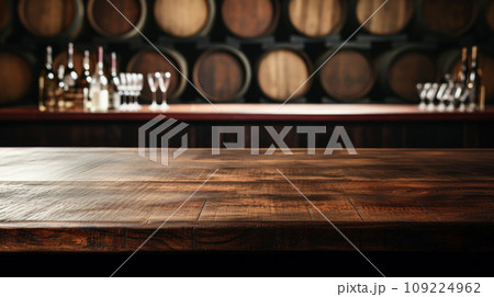 Old brown wood table on blurred wine cellar background, empty vintage desk in restaurant, bar or cafe. Wooden barrels in storage of winery. Concept of design, product, advertising 109224962