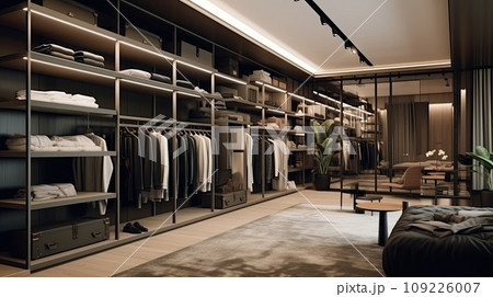 Elegant minimalist male walk in wardrobe with clothes hanging on rods, shelves and drawers. Elegant minimalist male walk in wardrobe with clothes hanging on rods, shelves and drawers. 109226007
