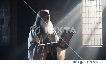 Orthodox priest in traditional robe holds open Bible standing in cell window sunlight 109226062