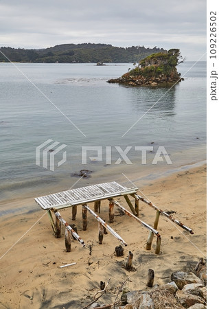Sea bay harbor landscape, Oban, New Zealand, abandoned pier ruins Sea bay harbor landscape, Oban, New Zealand, abandoned pier ruins 109226502