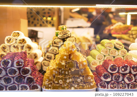 Turkish traditional sweet Turkish delight sold in the market Turkish traditional sweet Turkish delight sold in the market 109227043
