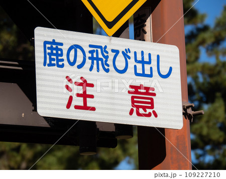 「鹿の飛び出し注意」と書かれた補助標識。奈良県奈良市内。 「鹿の飛び出し注意」と書かれた補助標識。奈良県奈良市内。 109227210