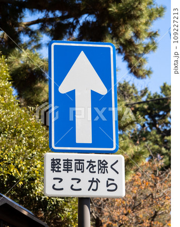 道路標識。本標識(規制標識)「一方通行」と補助標識。(縦構図) 道路標識。本標識(規制標識)「一方通行」と補助標識。(縦構図) 109227213