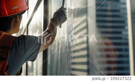"高層ビルの窓拭き: メンテナンス作業中の日本人作業員"<画像生成AI> 109227322