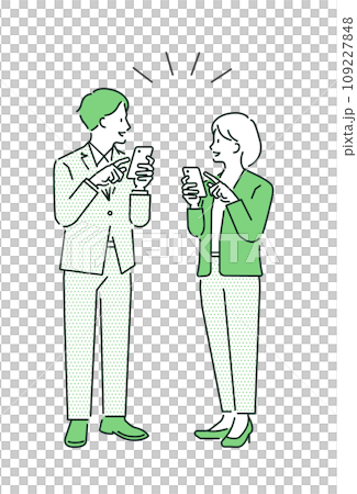 向量圖的商人和女商人看著他們的智慧型手機和談話。全身。 向量圖的商人和女商人看著他們的智慧型手機和談話。全身。 109227848