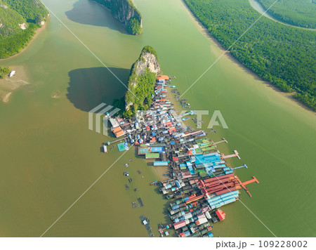 Aerial view of Panyee island in Phang Nga Thailand,High angle view Floating village, Koh Panyee fishing village island in Phang Nga, Thailand Aerial view of Panyee island in Phang Nga Thailand,High angle view Floating village, Koh Panyee fishing village island in Phang Nga, Thailand 109228002