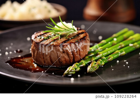 Grilled fillet mignon beef steak set, with onion and asparagus, on plate Grilled fillet mignon beef steak set, with onion and asparagus, on plate 109228264