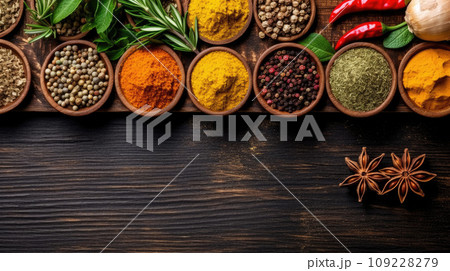 Red spices and herbs on black table with space for recipe. Colorful seasoning in cups, food background 109228279