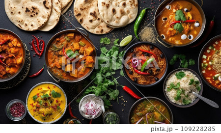 Assorted indian food on black background 109228285