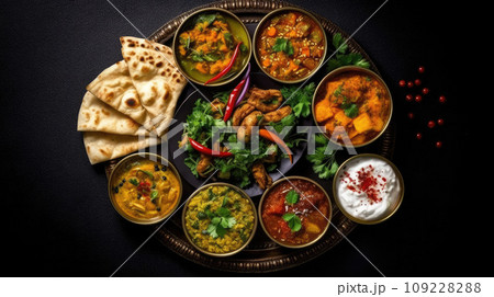 Assorted indian food on black background 109228288
