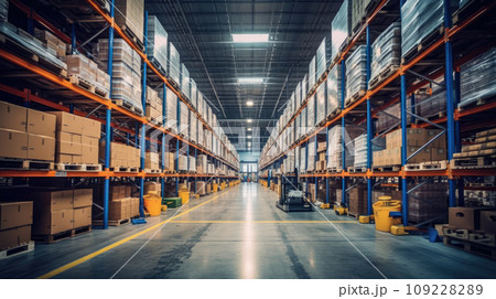 Massive Industrial Warehouse with High Shelves, Cardboard Boxes and Forklift. Distribution Center Storage Facility Interior Massive Industrial Warehouse with High Shelves, Cardboard Boxes and Forklift. Distribution Center Storage Facility Interior 109228289
