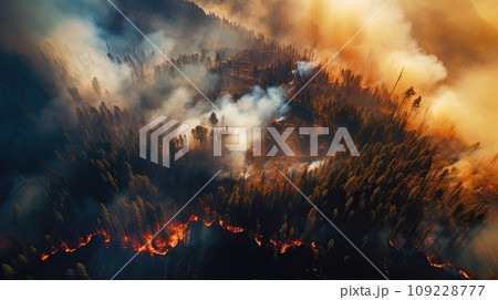 Burning trees from wildfires and smoke cover the landscape 109228777