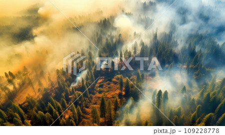 Burning trees from wildfires and smoke cover the landscape Burning trees from wildfires and smoke cover the landscape 109228778