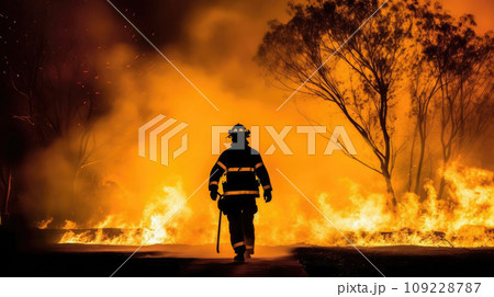 Silhouette of fireman fighting bushfire at night, man against the fire Silhouette of fireman fighting bushfire at night, man against the fire 109228787