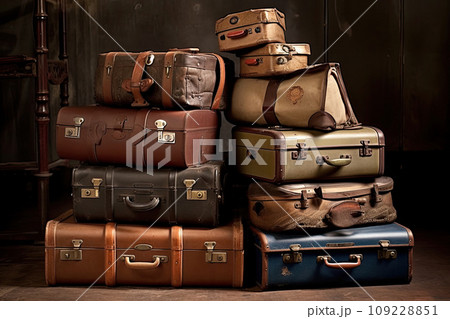 Pile of old vintage bag suitcases Pile of old vintage bag suitcases 109228851