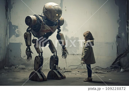 Robot and little girl face to face 109228872