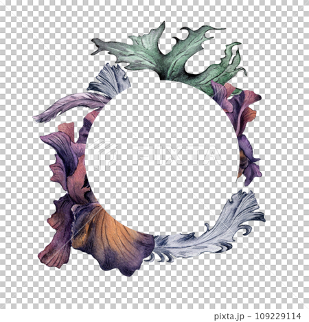 Watercolor purple Iris flower and feather isolated on white. Gothic floral circle frame hand drawn. Dark botanical decoration for packaging. Element for invitation, stationery, card, printing Watercolor purple Iris flower and feather isolated on white. Gothic floral circle frame hand drawn. Dark botanical decoration for packaging. Element for invitation, stationery, card, printing 109229114