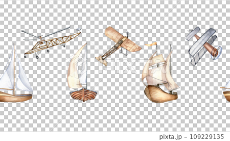 Seamless watercolor border with ships and airplanes. Hand drawn sea and air transport isolated on white background. Sailboat, yacht illustration in pastel colors. Childish element for design room 109229135