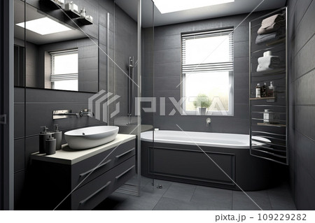 A modern bathroom in gray colors in a simple style A modern bathroom in gray colors in a simple style 109229282