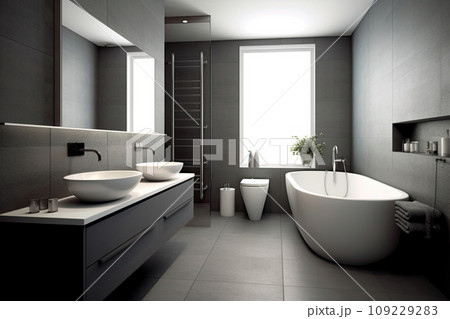 A modern bathroom in gray colors in a simple style A modern bathroom in gray colors in a simple style 109229283