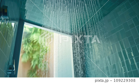 Close up of Water flowing from shower in the bathroom interior Close up of Water flowing from shower in the bathroom interior 109229308