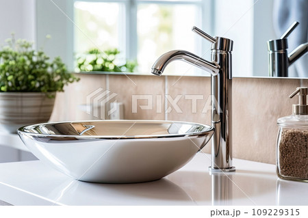 Interior of bathroom with sink basin faucet. Open chrome faucet washbasin. Interior of bathroom with sink basin faucet. Open chrome faucet washbasin. 109229315