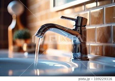 Interior of bathroom with sink basin faucet. Open chrome faucet washbasin. Interior of bathroom with sink basin faucet. Open chrome faucet washbasin. 109229316