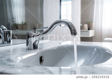 Interior of bathroom with sink basin faucet. Open chrome faucet washbasin. Interior of bathroom with sink basin faucet. Open chrome faucet washbasin. 109229318